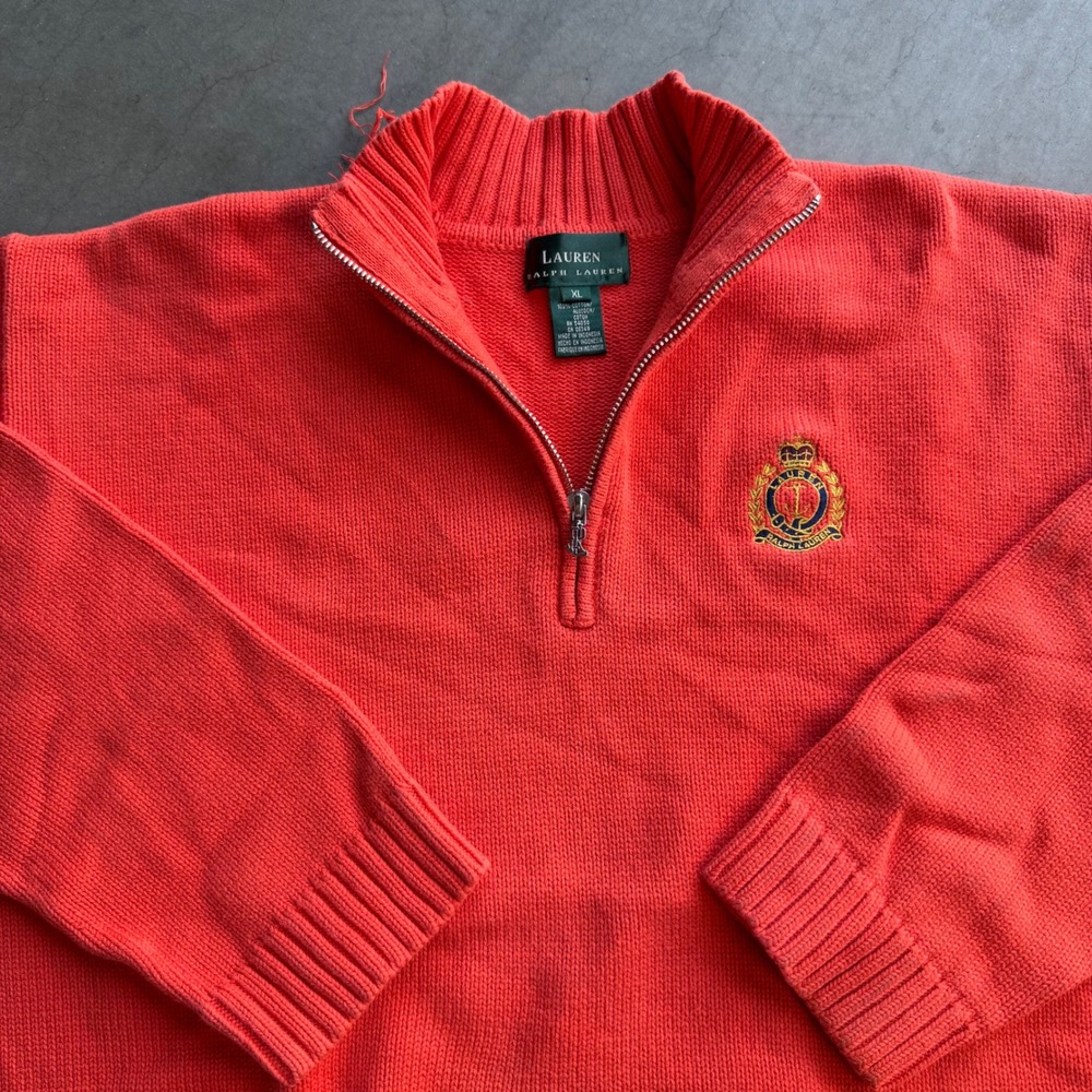 Lauren Ralph Lauren Mens XL Quarter Cotton Knit Crest Logo Sweater Orange Red